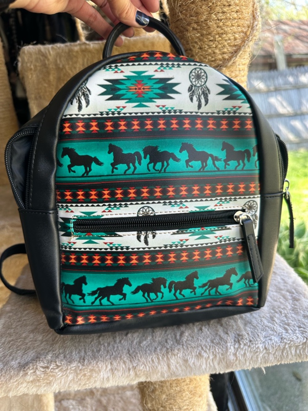 Southwestern Horse Print Mini Backpack in Teal & Black